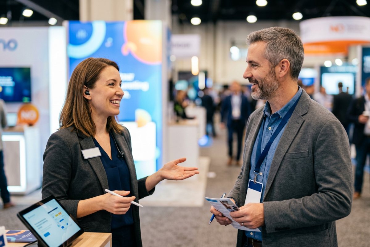 Booth staffer greeting a trade show attendee during a booth conversation