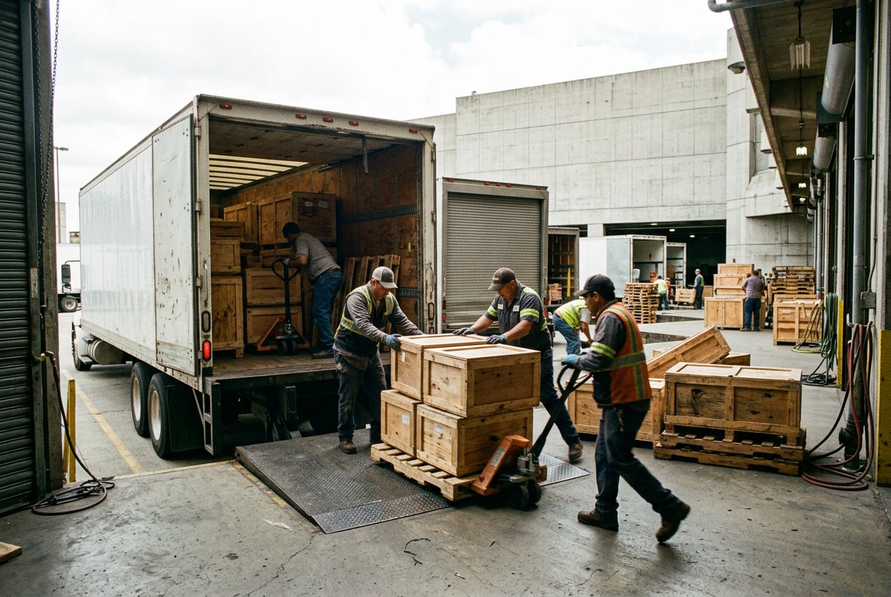Freight crates at a loading dock for trade show shipping and installation