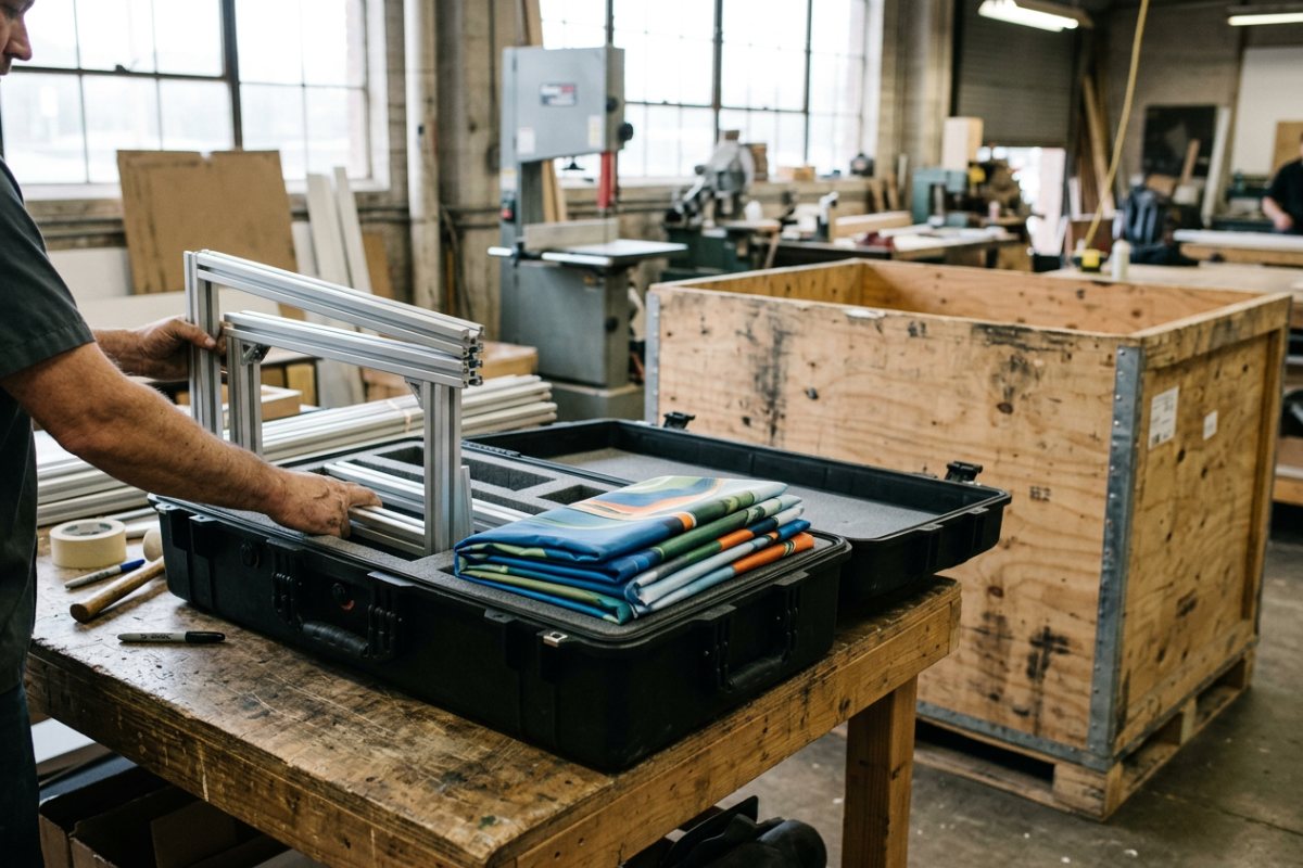 Lightweight aluminum exhibit framing and fabric graphics packed into a shipping case