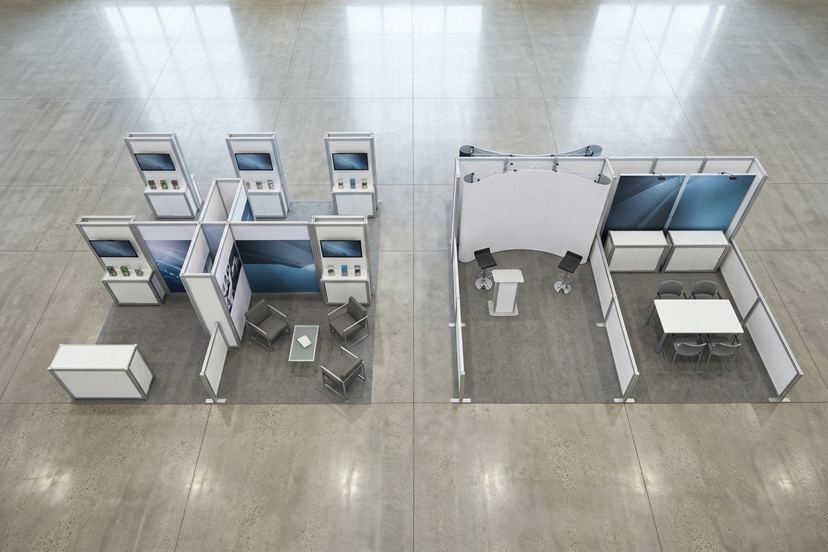 Modular trade show displays arranged in two different booth configurations