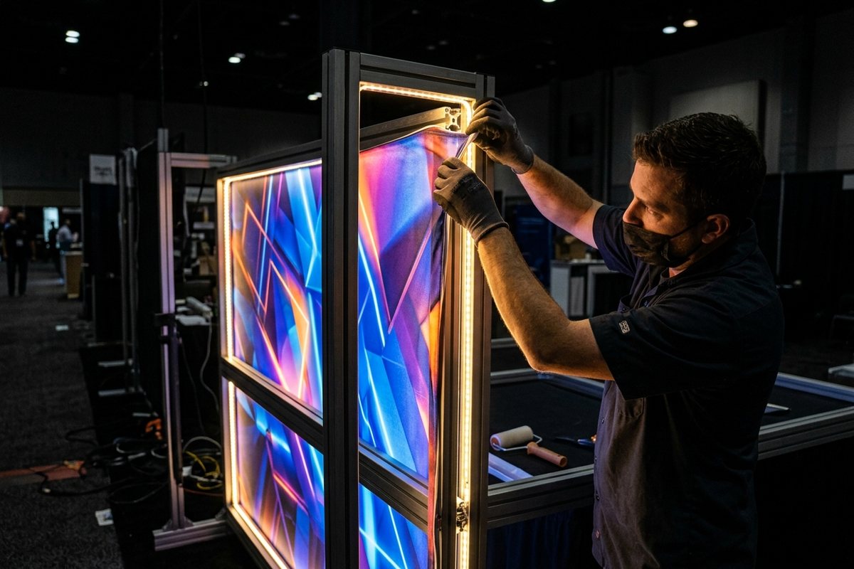 Backlit tension fabric graphics being stretched onto an aluminum exhibit frame with LED accent lighting