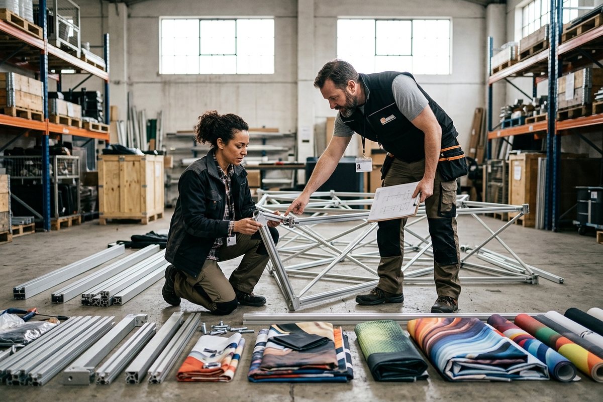 Two exhibit professionals inspecting a disassembled trade show booth frame during a booth audit