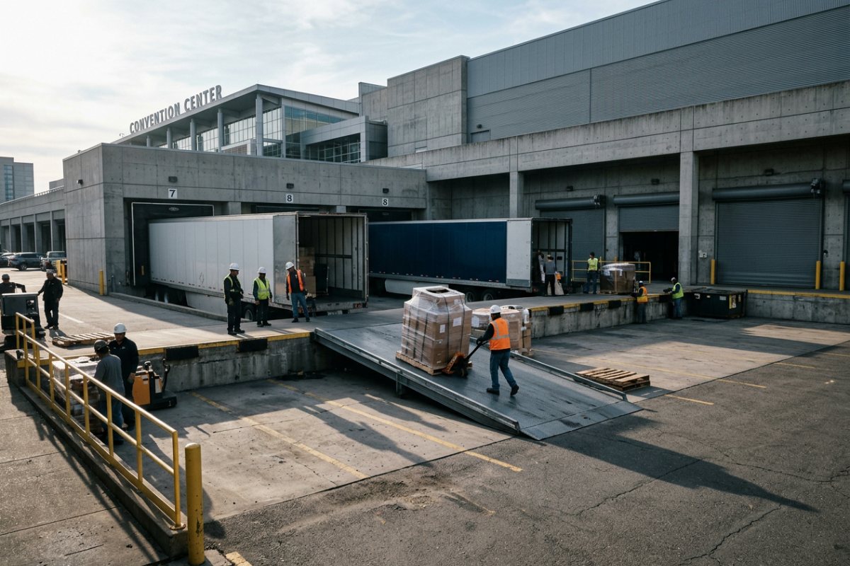 Exhibit freight being unloaded at a convention center loading dock