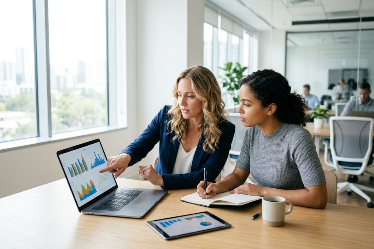 Marketers reviewing trade show booth staff performance and lead results after an event