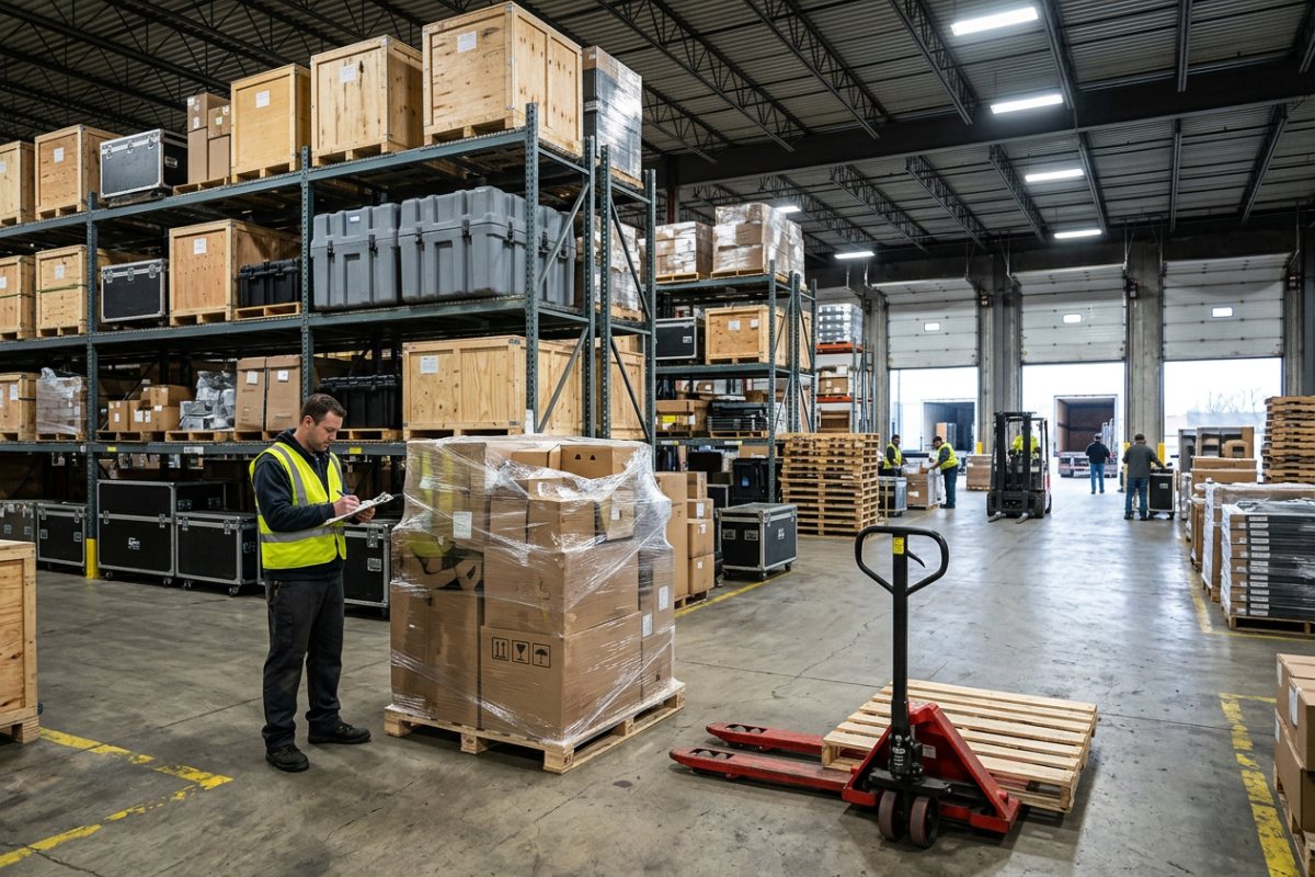 Trade show exhibit freight being received at an advance warehouse